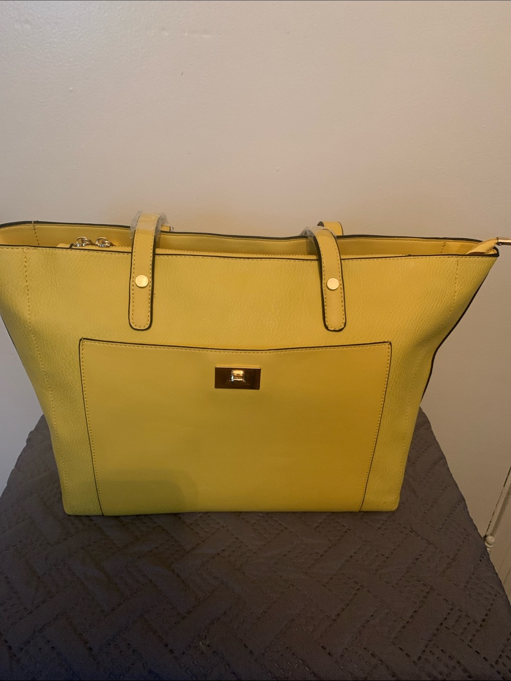 Yellow Leather Tote Bag with Front Pocket